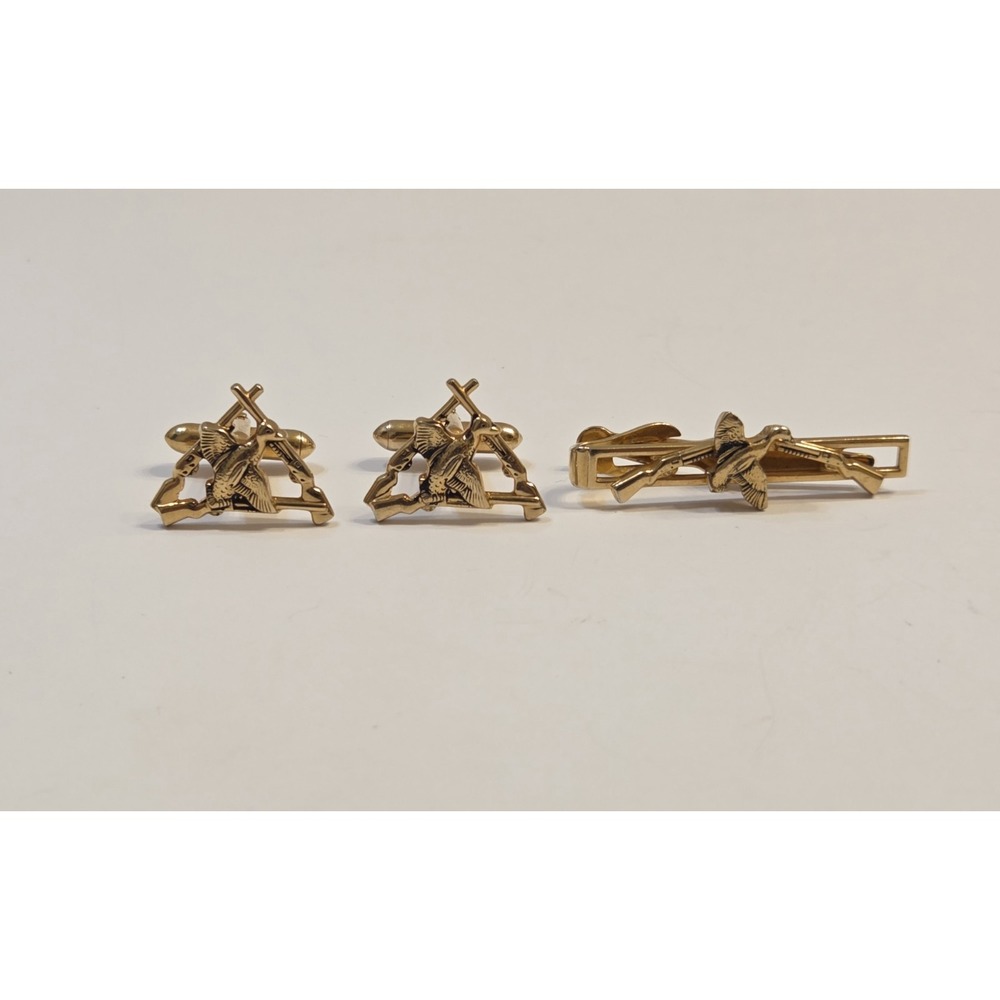 Vintage 1950s Swank Duck Hunter Cufflinks & Tie Clip Shotgun Mallards Rare Set